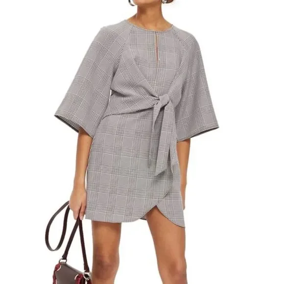 Topshop NEW Houndstooth Front Tie Plaid White Red Mini DresS Size 4 - Picture 1 of 16